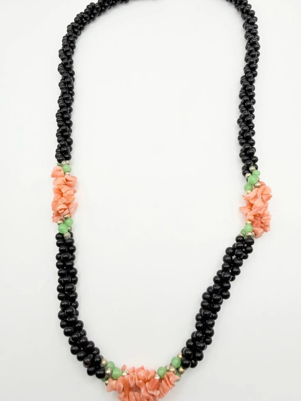 Vintage Black Onyx &  Coral Chip Green Gemstone Beaded Necklace